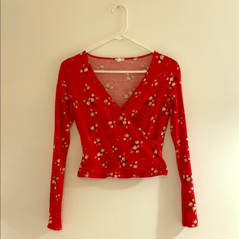 Red long sleeve floral faux wrap